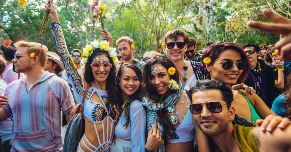 J performing at Day Zero Tulum 2026 while festival crowd dances in the jungle surrounded by neon lights and tropical palm trees