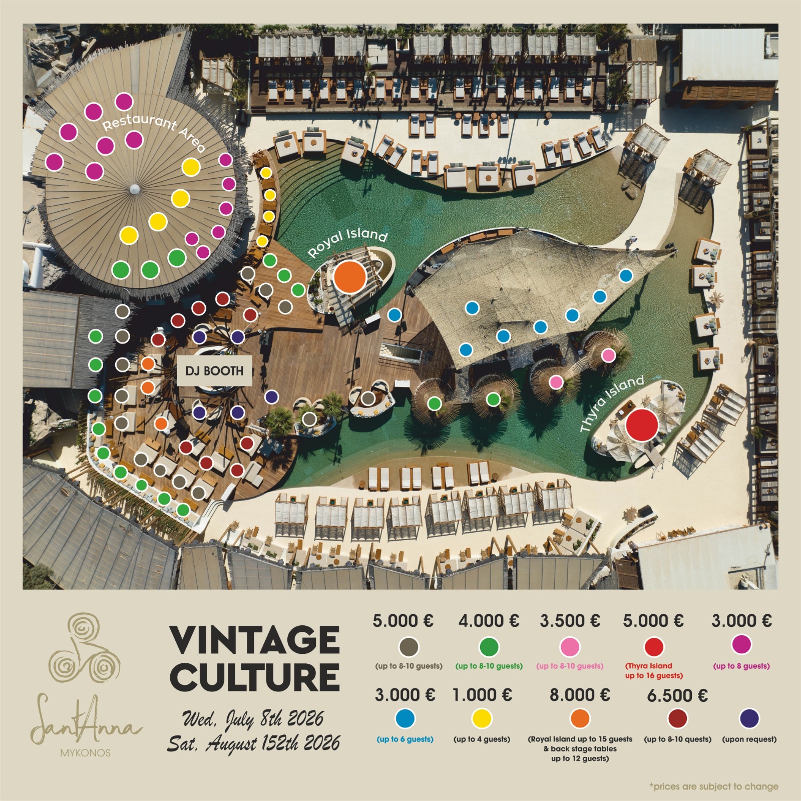 SantAnna Mykonos table map and reservation prices for Vintage Culture on July 8 and August 15, 2026, with restaurant seating, DJ booth tables, Royal Island, and Thyra Island layout