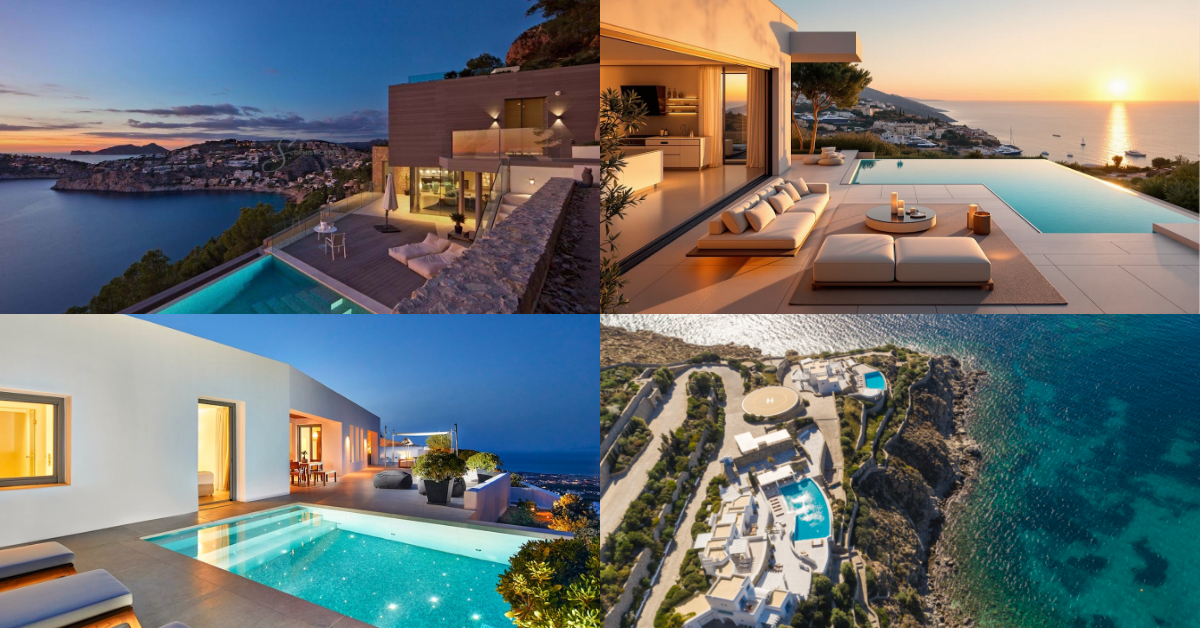 Multi-structure ultra luxury Mykonos compound designed for multi-generational stays with guest houses and expansive sea-view terraces.